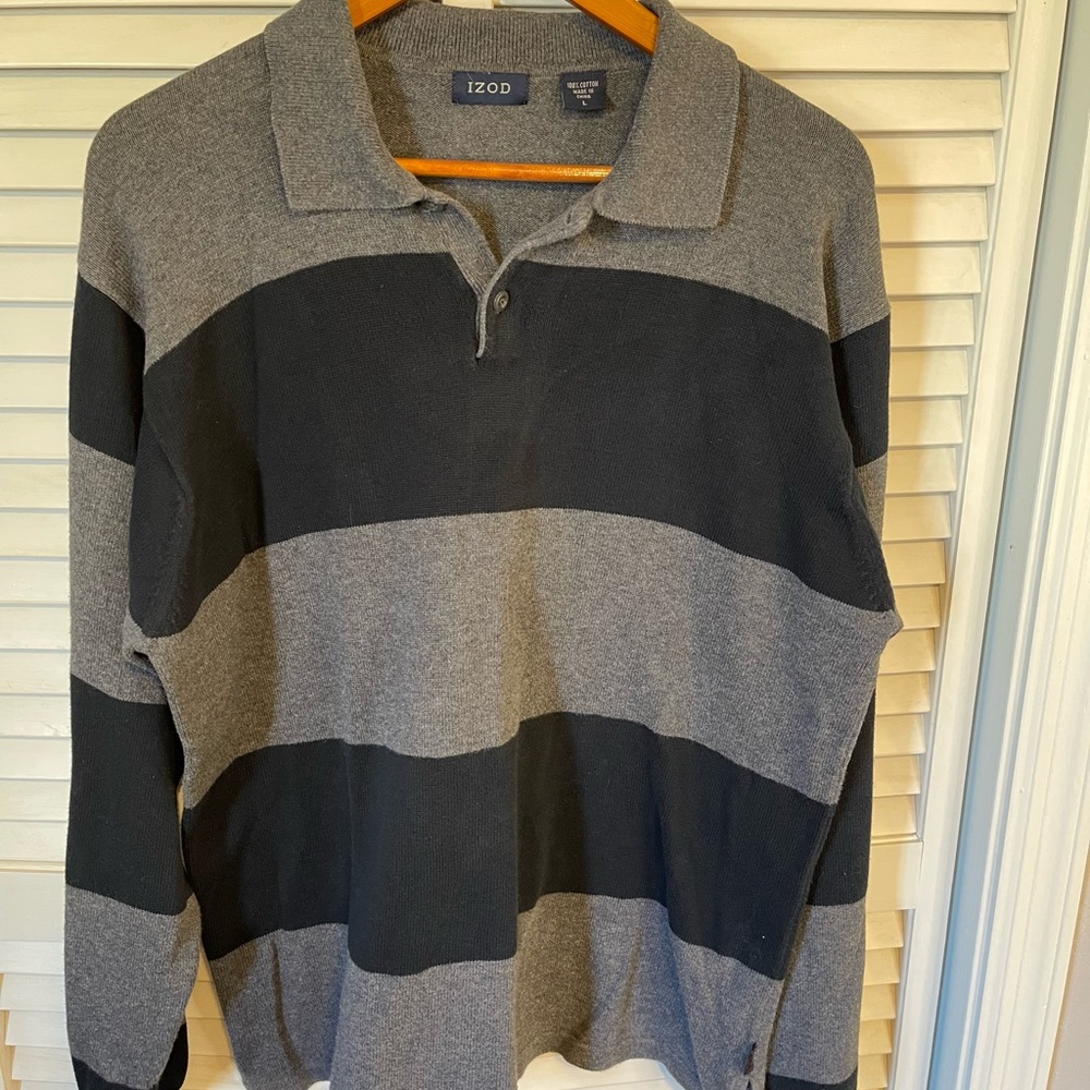 IZOD Mens Black and Gray Collared Button Sweater Size L